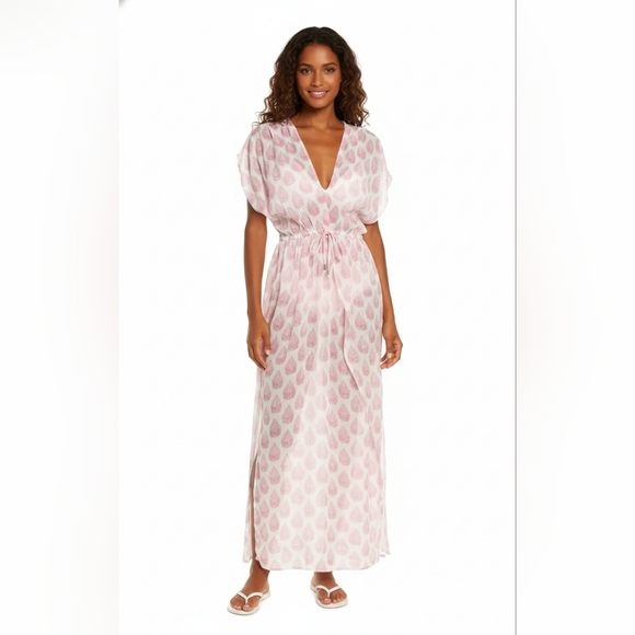 Elan Other - Elan Wrap Maxi Cover-Up Tunic Caftan White Pink Tropical Leaf Print Elastic, XS